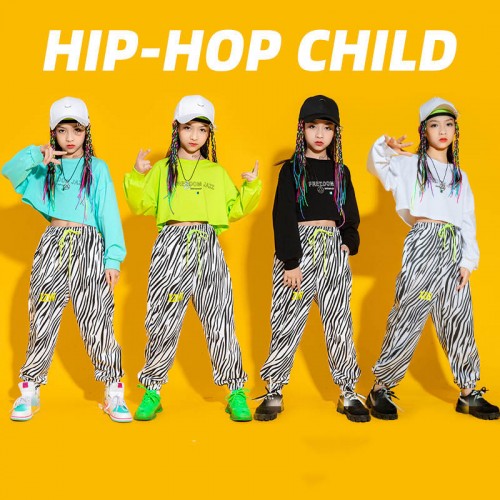 Girls  hiphop rapper singer street jazz dance costumes  for kids baby zebra pants children's jazz dance suit children drummer performance clothing hip-hop dance outfits